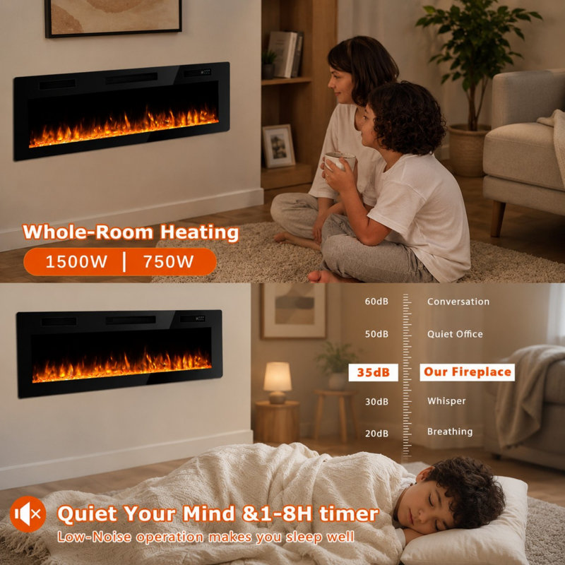 Foyer électrique ultra-mince encastré et mural - flamme 3D HD avec télécommande, Bûche de 50 po