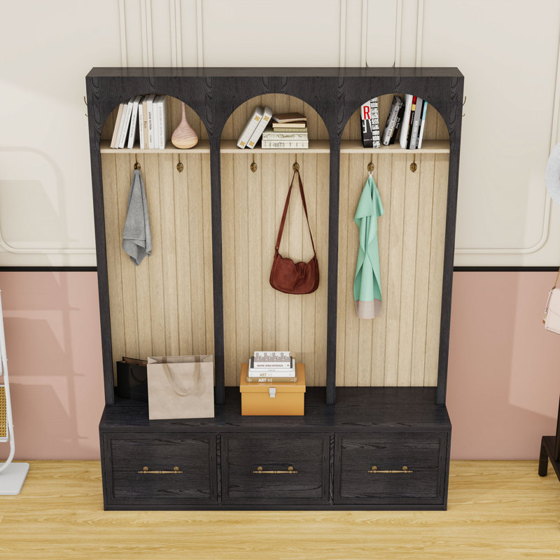 Hall Tree with 3 Drawers, 8 Hooks, Shelves and Bench, Black