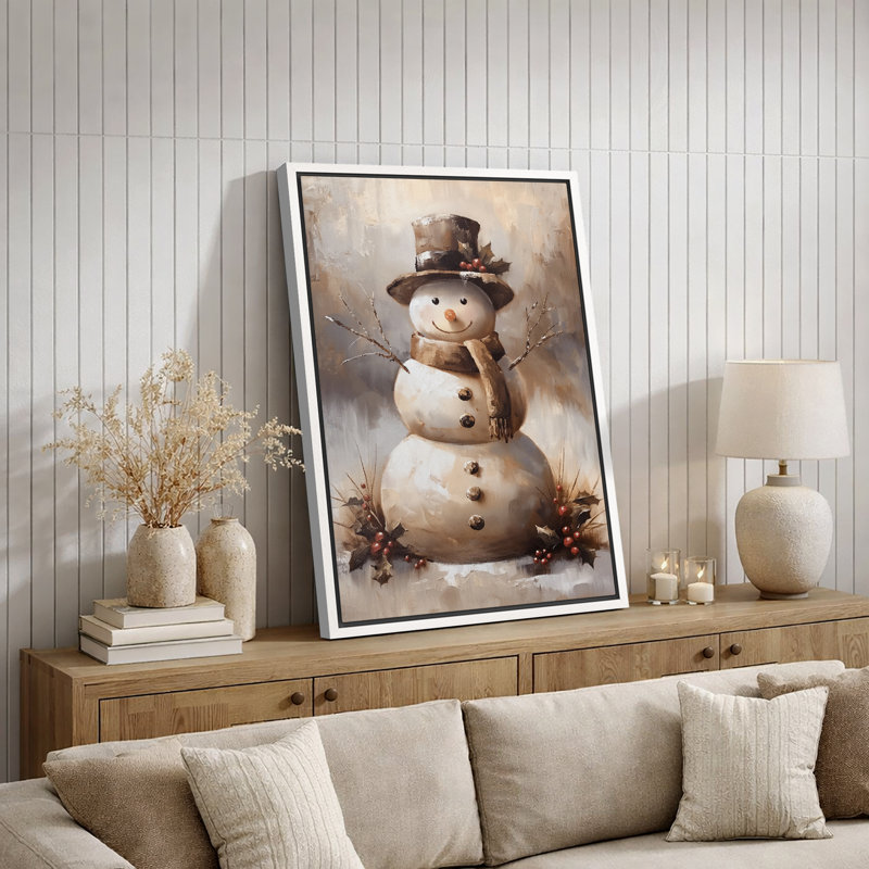 Charmant bonhomme de neige souriant avec écharpe et chapeau haut de forme, Cadre flottant blanc, H 24 po x l 16 po