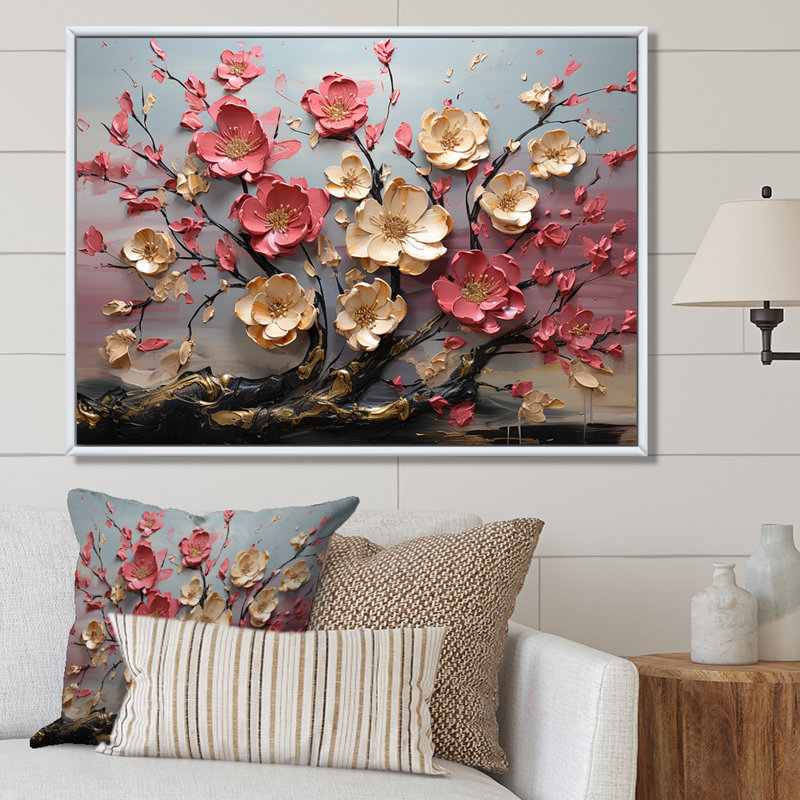 Élégant arbre floral orchidée rose et blanc II - Art mural floral abstrait, H 24 po x l 32 po x P 1 po, Cadre flottant brun