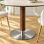 Table de salle à manger ronde moderne de 90 cm (35,4 po) avec plateau en pierre frittée imitation travertin, pied central en bois et base en acier inoxydable