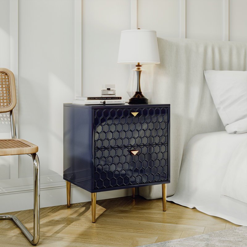 24.4" Tall 2-Drawer High Gloss Nightstand, Blue