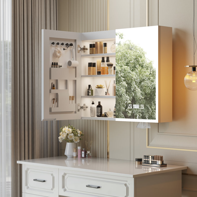 White Particleboard LED Mirror Cabinet With 2 USB