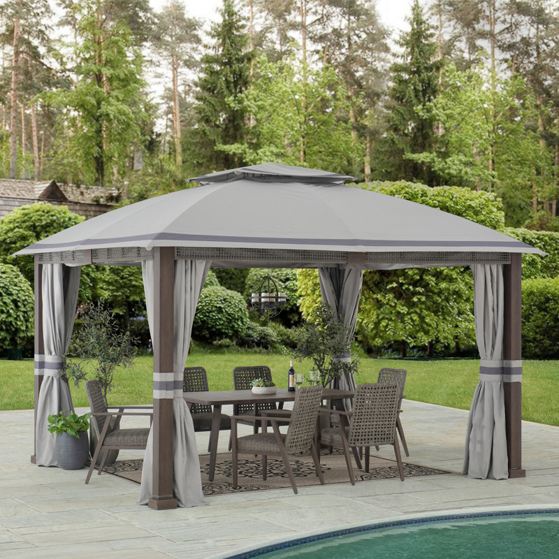 Sunjoy Outdoor Patio Steel Frame 11 x 13 ft. 2-Tier Soft Top Gazebo with Light Gray Canopy Roof, Netting and Curtains, Gray