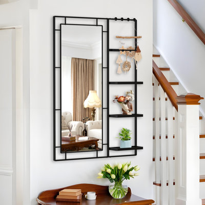 Modern Silver Vanity Mirror With Multi-layer Shelf, Aluminum Frame, Beveled Edges, Perfect For Bathroom, Bedroom, Or Living Room