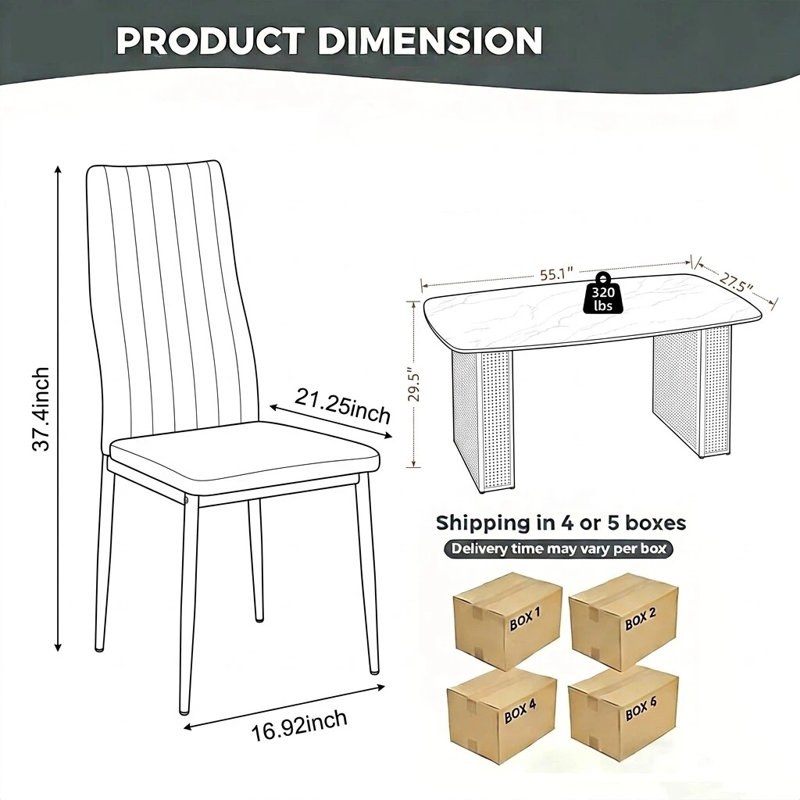 Ensemble de table de salle à manger 55 po en marbre pour 4 personnes, table de cuisine en verre trempé à motif de marbre avec pieds en métal et 4 chaises en cuir PU