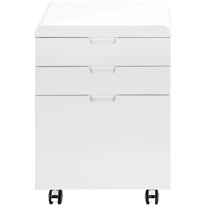 Classeur stratifié blanc brillant avec design mobile roulant et beaucoup de rangement dans le style, tiroirs de bureau, support d'imprimante moderne fonctionnant en douceur
