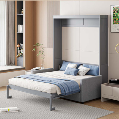 Lit escamotable multifonctionnel double avec canapé et rangement peu encombrant, idéal pour les petits appartements et les studios