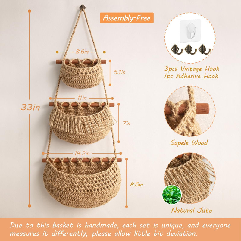 3 Tier Hanging Fruit Baskets, Jute