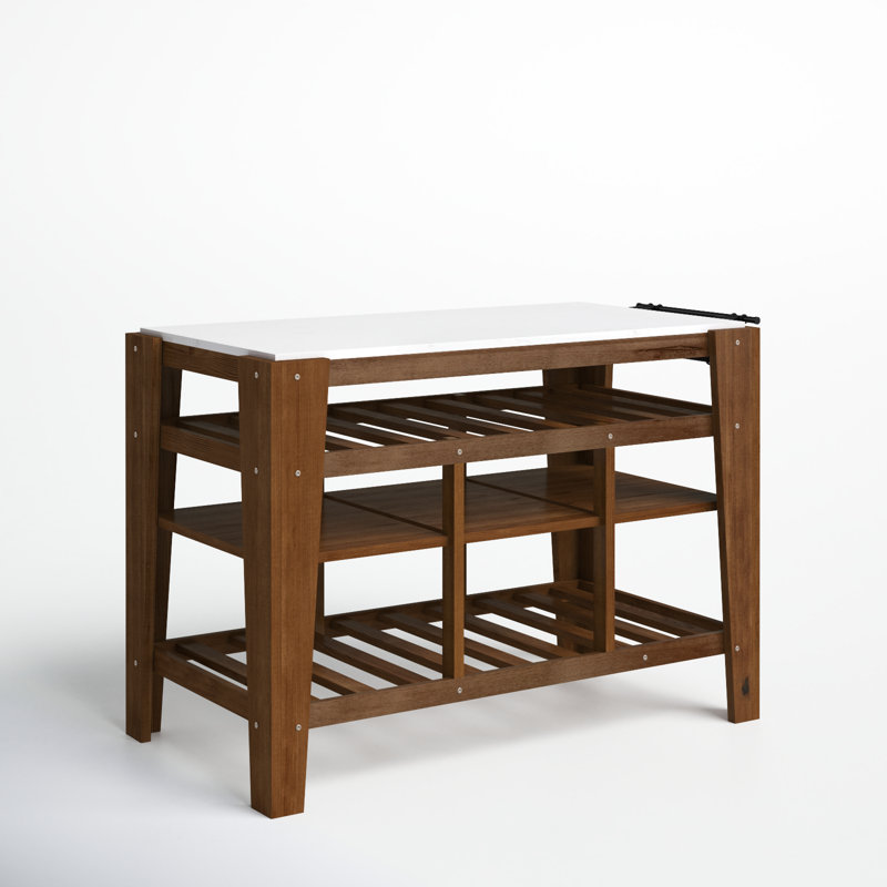 Rectangular Marble Top Kitchen Island with Shelves and Towel Rack