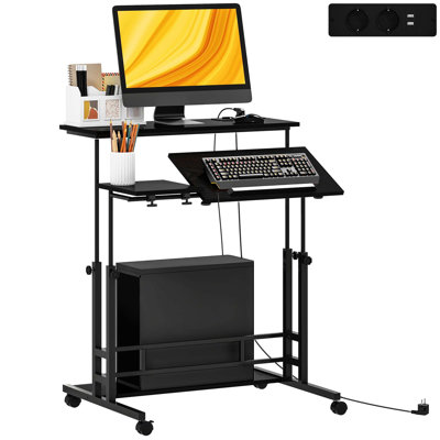 Bureau assis-debout à roulettes réglable en hauteur avec plateau inclinable et prises électriques pour bureau à domicile (BUREAU SEULEMENT, CHAISE NON INCLUSE)