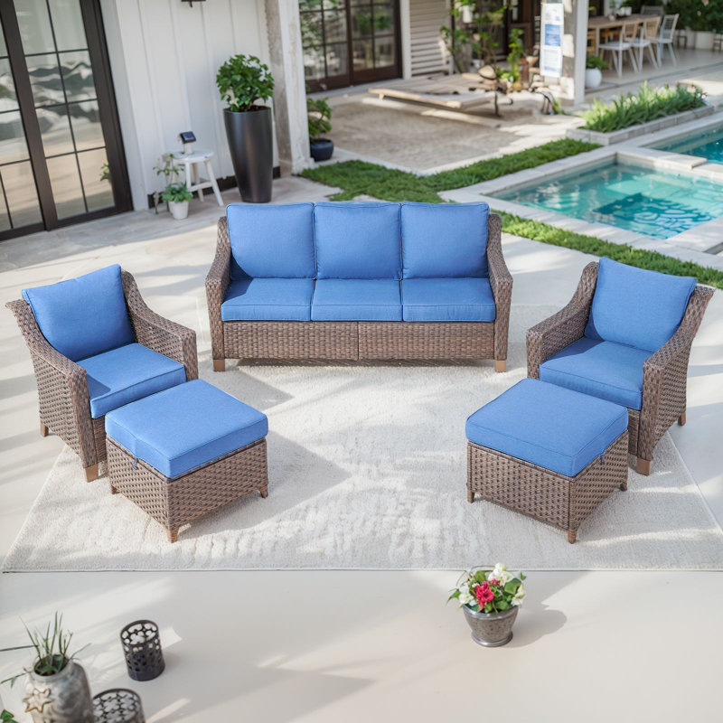 Jenesys Outdoor Wicker Sofa Set With Club Chairs & Ottomans - Comfortable, Durable For Patios & Gardens, Blue