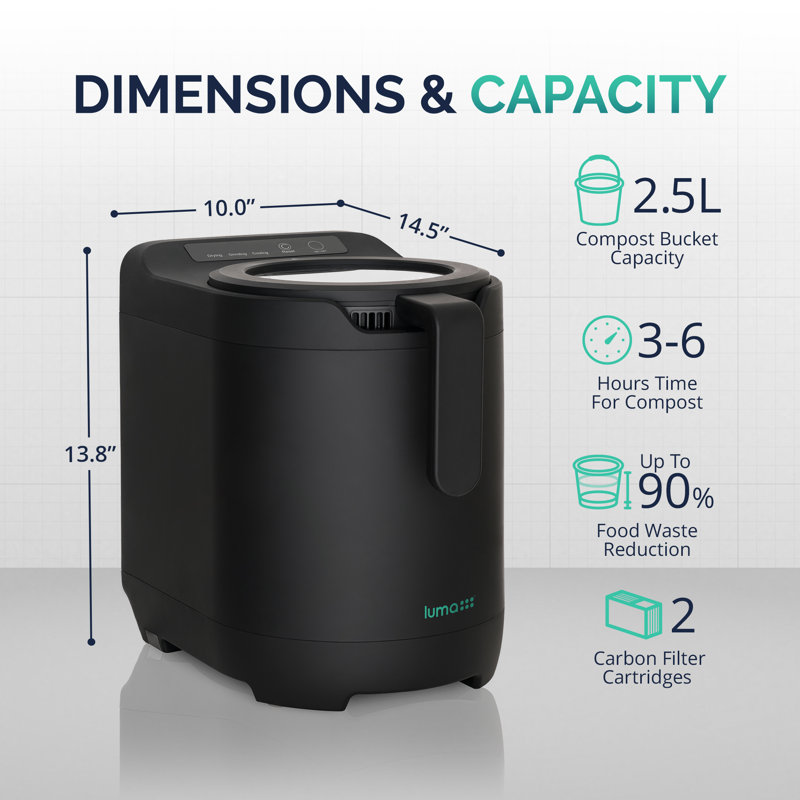Luma Electric Kitchen Composter 2.5L Capacity Odorless Countertop Compost Bin, Lid Clear-View Window