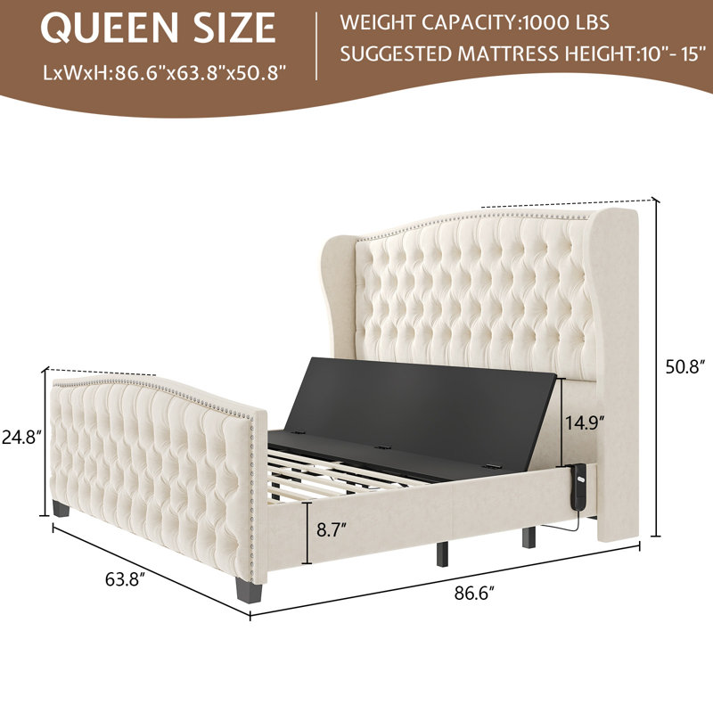 50.8" H Velvet Upholstered Adjustable Bed With Wingback Headboard & Deep Button Tufted, Cream, Queen