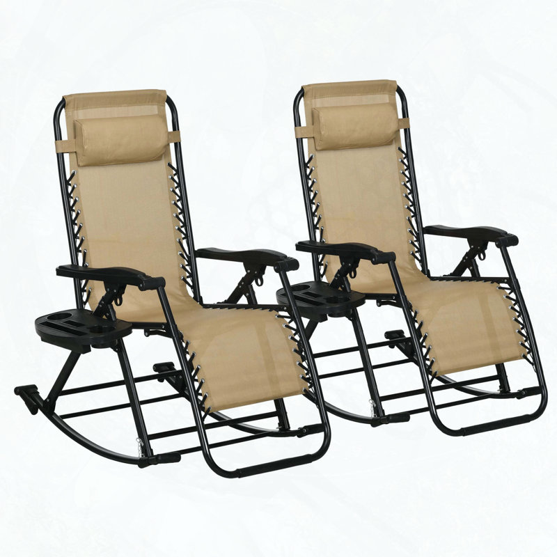 Set of 2 Foldable Zero Gravity Reclining Rocking Chairs with Cup Holders and Pillows, Beige