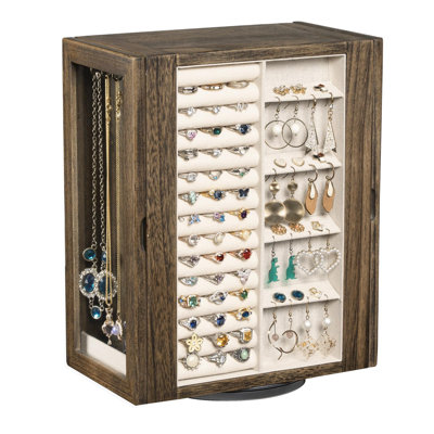 Boîte à bijoux pivotante à 360 ° pour femmes, organisateur de rangement pour bijoux en bois avec 5 tiroirs et portes en verre, vitrine verticale pour boucles d'oreilles, bagues, colliers et bracelets, brun rustique