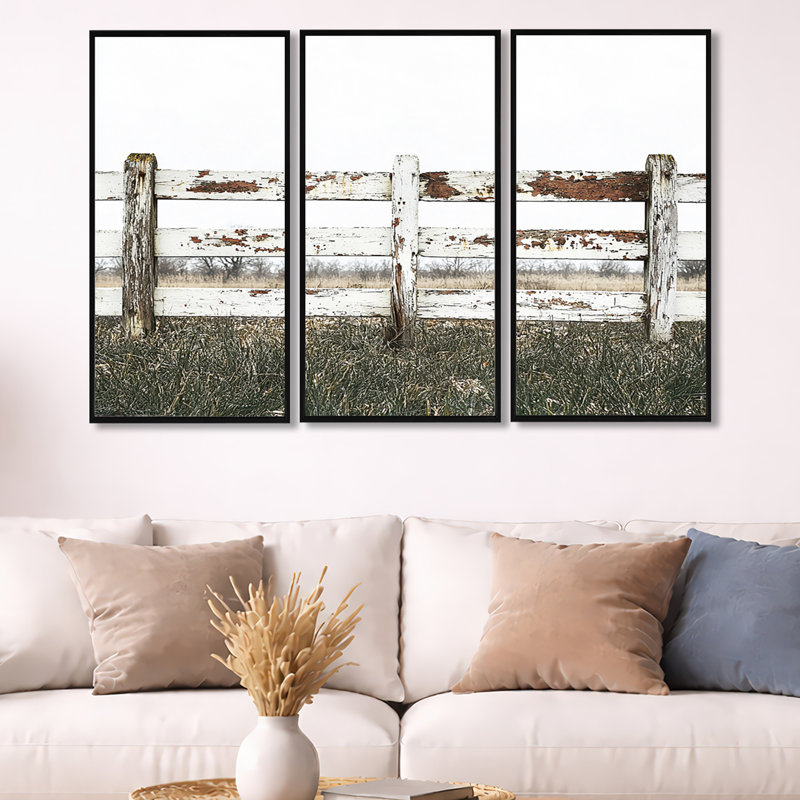 Gris et brun ferme paysage rustique clôture I - ensemble d'art mural de ferme, Toile avec cadre flottant noir