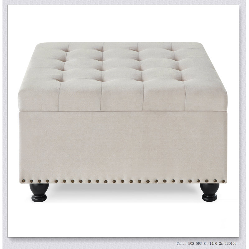Large square storage ottoman with wooden legs, Upholstered button tufted coffee table, Beige