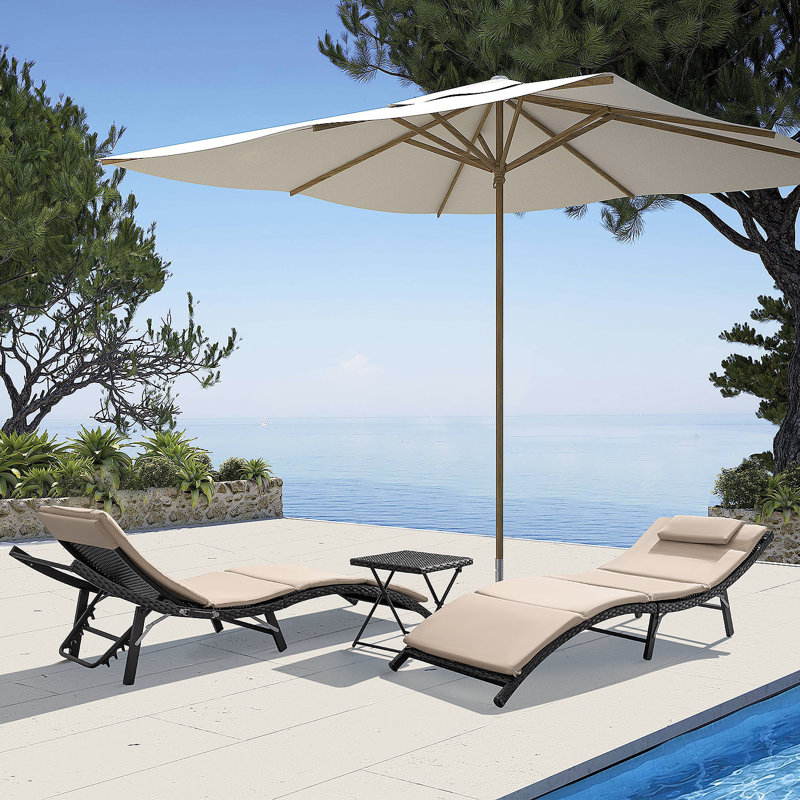 Raminez 3-Piece 81" PE Rattan Foldable Patio Chaise Lounge Set with Adjustable Backrest & Cushion, Outdoor Reclining Lounger with Foldable Coffee Table for Deck, Poolside, or Garden