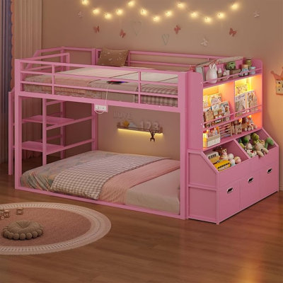 Lit superposé bas simple avec escalier, bibliothèque et tiroirs, escalier large sécuritaire, 2 organisateurs de jouets, lit superposé au sol en métal avec lumières RVB, station de charge, barrière de sécurité, pour petite pièce