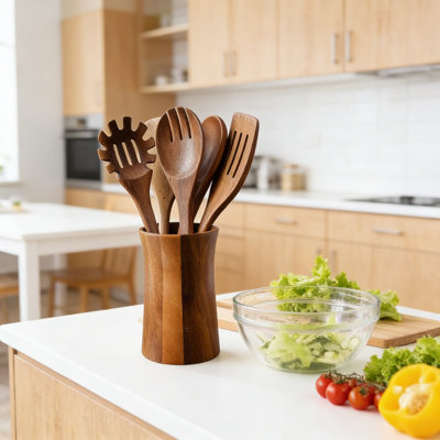 7-Piece Acacia Wood Kitchen Utensil Set With Holder - Natural Wooden Spoons, Spatula, Strainer Spoon, Salad Fork & Storage Stand For Cooking And Serving