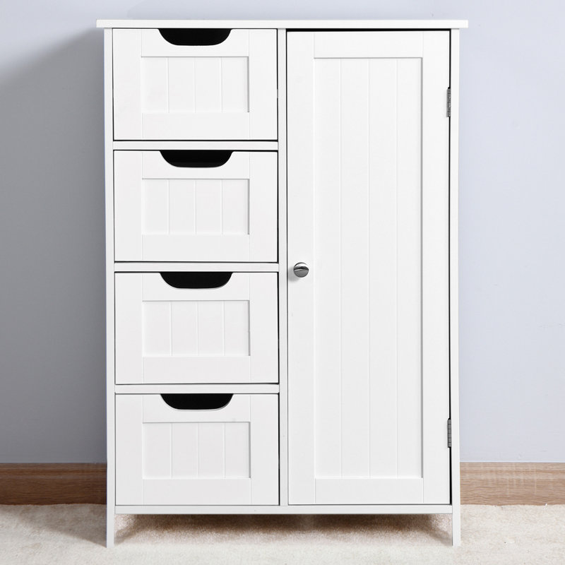 White Bathroom Floor Cabinet With Adjustable Shelf - Drawers For Extra Space, Solid Construction Modern Storage And Drawers, Made Of Long-Term Use