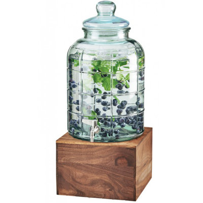 Mid-Century 2 Gallon Glass Beverage Dispenser with Walnut Base and Ice Chamber