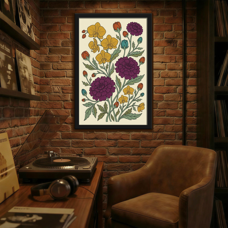 Plantes et fleurs avec motif floral jaune et mauve, H 24 po x l 16 po
