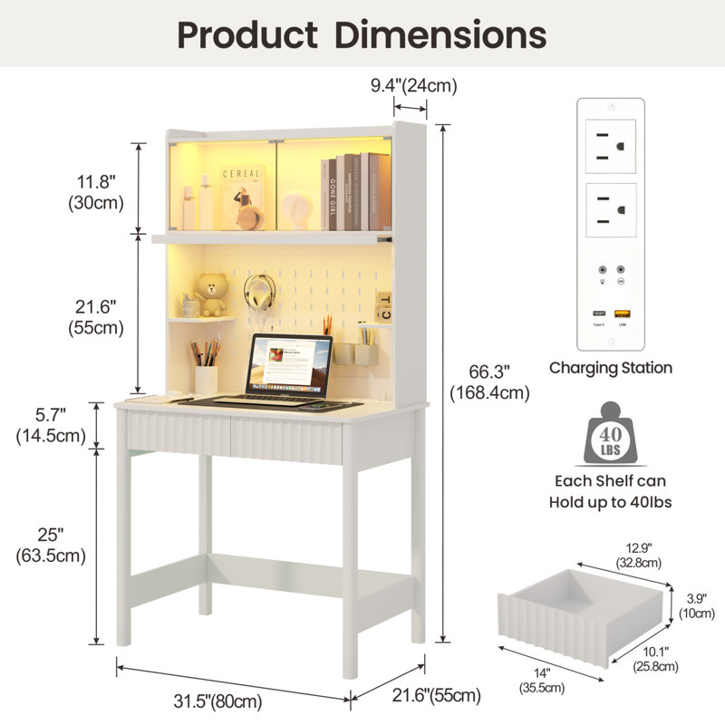 Computer Desk with Power Outlet, White