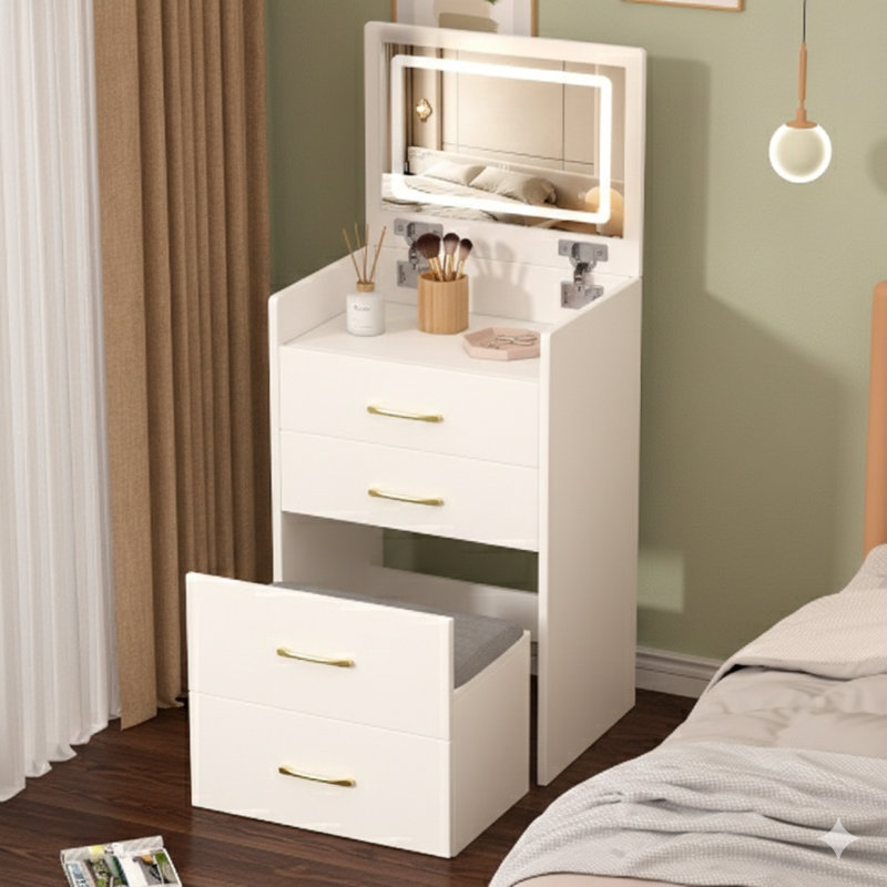 Bureau de coiffeuse 3 en 1 avec miroir relevable. Un petit ensemble de coiffeuse à maquillage présentant un bureau en verre visible, une conception compacte avec trois tiroirs. Sert de coiffeuse pour les chambres à coucher.