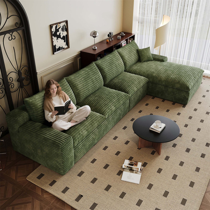 Canapé modulaire de 135 pouces en velours côtelé, structure double couche, coussins amovibles, aucun assemblage requis, vert