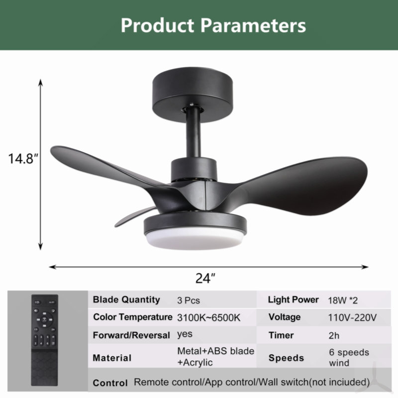 Petit ventilateur de plafond 24 po avec télécommande légère, ventilateur de plafond moderne à profil bas, moteur CC réversible silencieux à 6 vitesses pour la chambre à coucher, cuisine