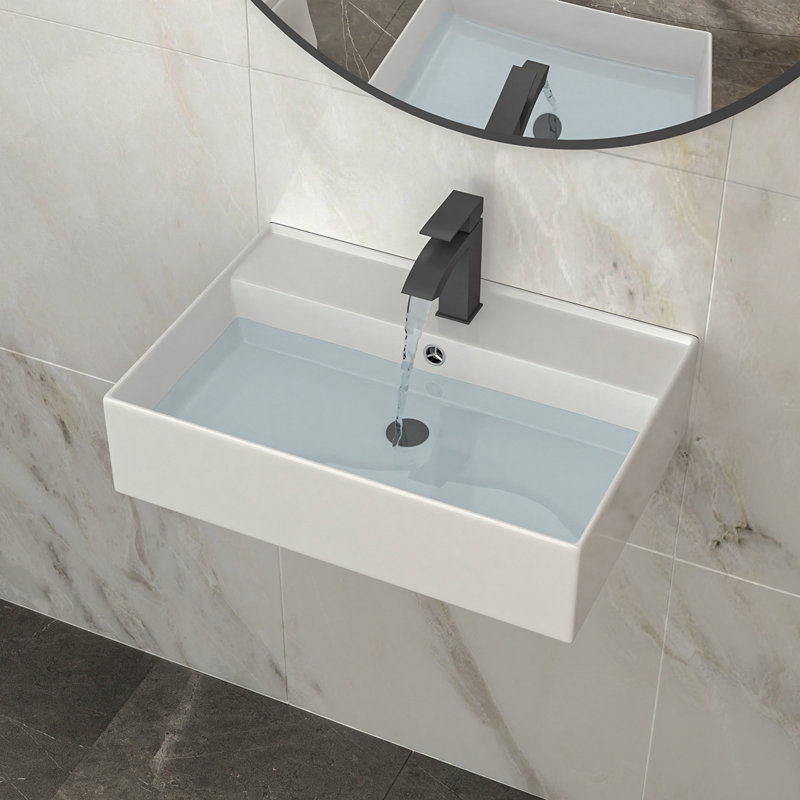 24"X16" White Ceramic Rectangular Wall Mounted Bathroom Sink With Faucet Hole And Overflow