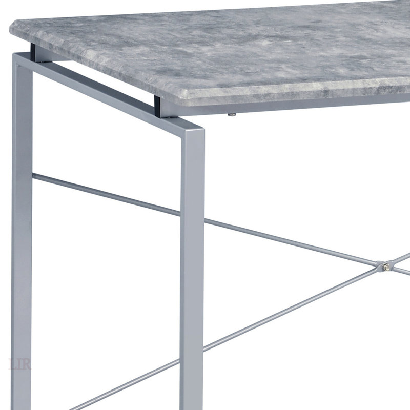 Grey And Silver Writing Desk With Metal Sled Base, Faux Concrete Top For Industrial Style And Durability, Gray, Silver