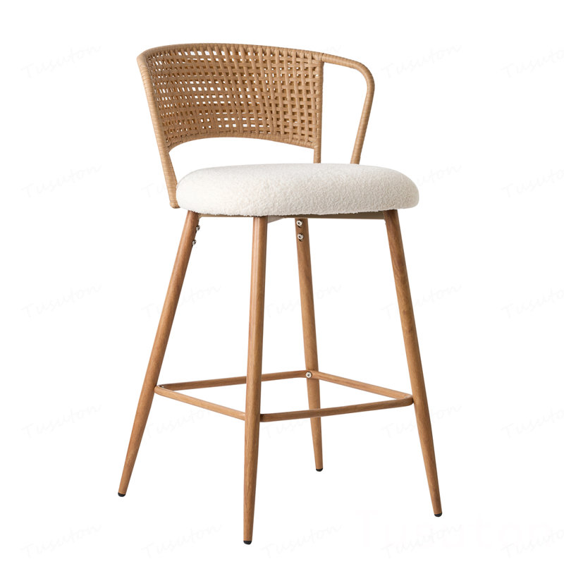 Ensemble de 2 tabourets de bar avec dossier en rotin, tabourets de comptoir rembourrés, tabourets de bar avec pieds en métal, tabourets de bar Boho pour îlot de cuisine, salle à manger (crème)