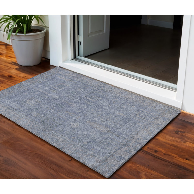 3' X 5' Denim Blue And Gray Oriental Washable Indoor Outdoor Area Rug