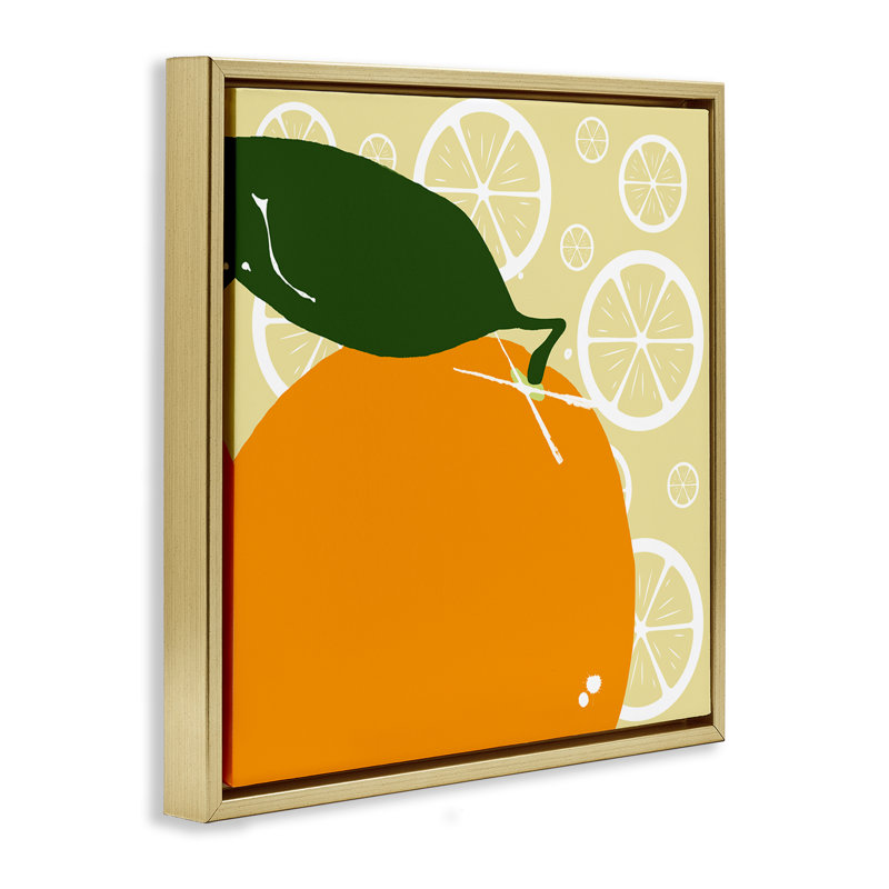 «Bright Orange Fruit», art mural encadré par Daniela Santiago, H 18 po x l 18 po, Cadre flottant métallique doré