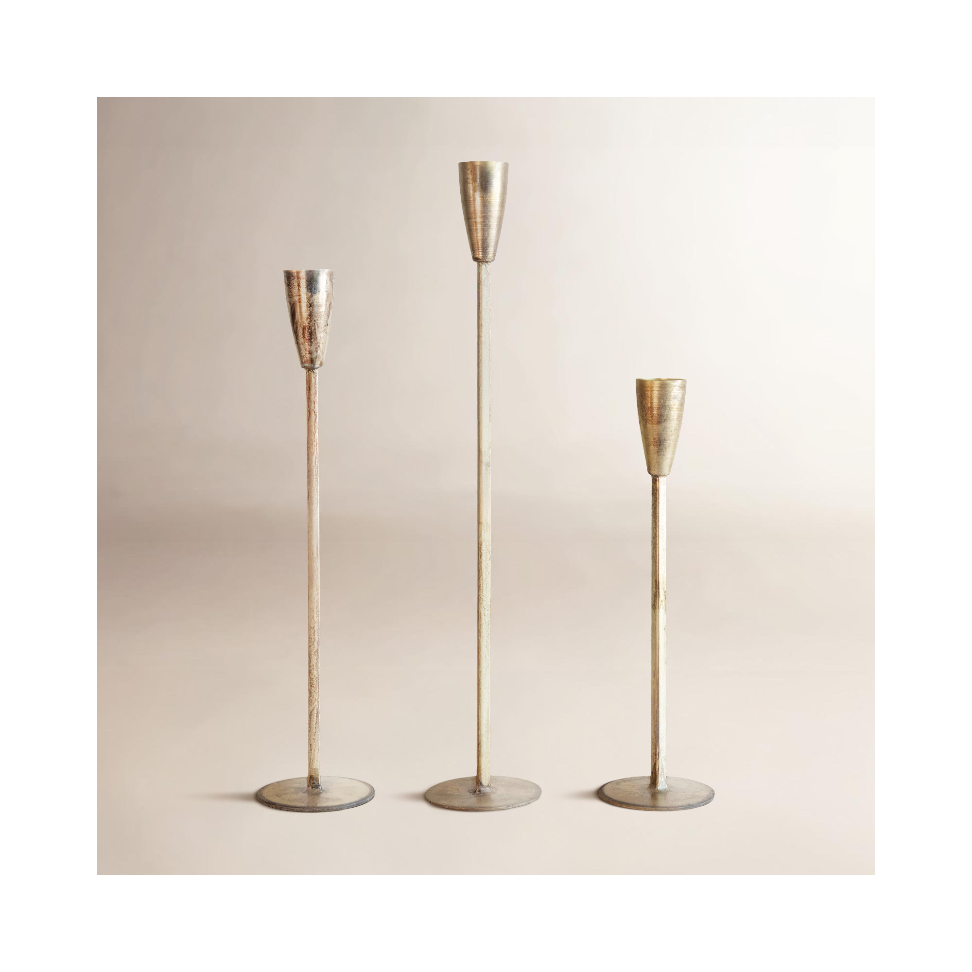 Tirana Metal Taper Holders, Antique Brass Finish, Set of 3
