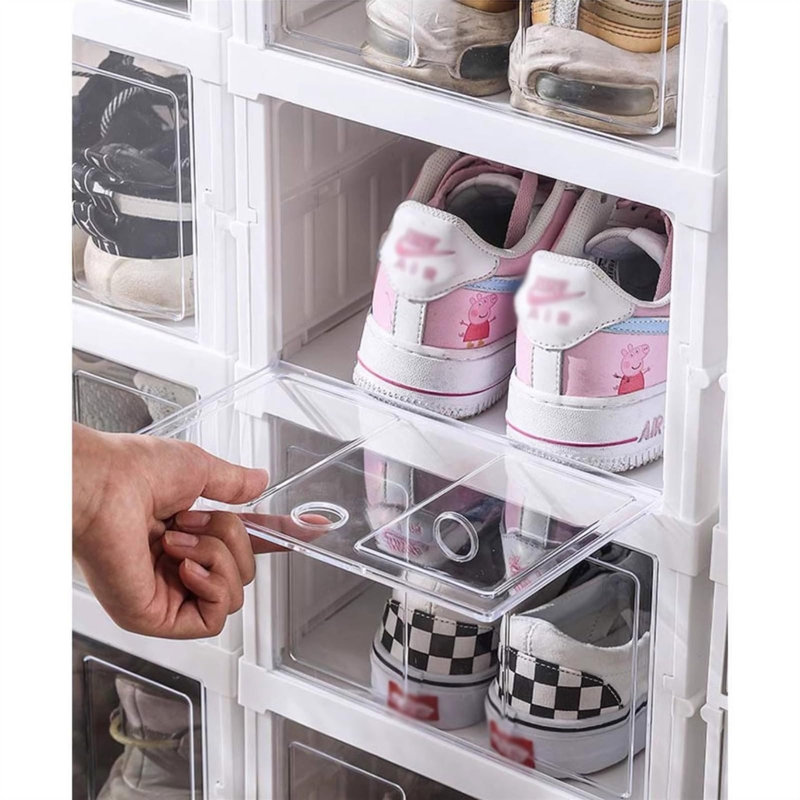 Armoire de rangement pour chaussures étroite, organisateur de chaussures pliable à 9 paires avec portes transparentes rabattables, tour autoportante en plastique mince, blanc, pour les petits espaces de garde-robe