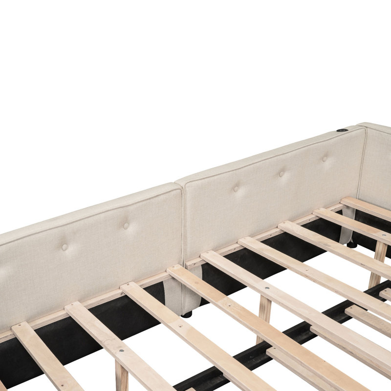 Lit tapissier double avec gigogne simple en bois massif beige, sans sommier tapissier pour une ambiance de chambre de rêve et une ambiance calme