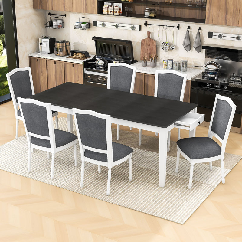 Rustic 7Pcs Extendable Dining Table Set with Removable Leaf and 6 Upholstered Chairs, Gray/White, Dark Gray/White