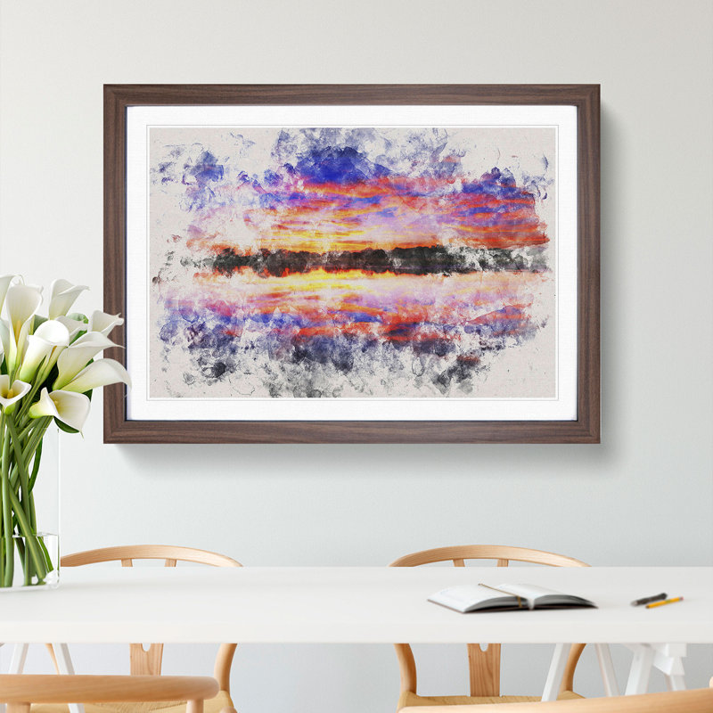Evening Sunset Watercolour - Picture Frame Graphic Art, 48cm H x 65cm W x 2cm D, Walnut