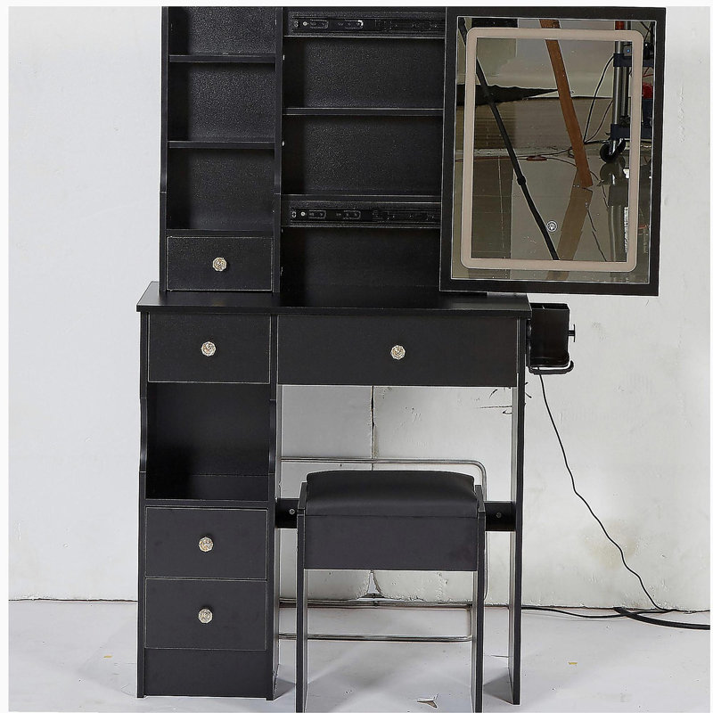 Petit meuble-lavabo de 29,2 po avec tiroir à gauche + tabouret rembourré, 2 blocs d'alimentation CA + 2 ports USB, support pour séchoir à cheveux, très grand miroir à DEL coulissant à commande tactile, changement de luminosité tricolore, réglage de la luminosité