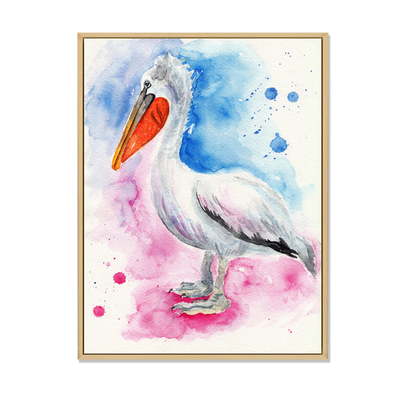 Pélican bleu et rose, H 32 po x l 16 po x P 1 po, Toile naturelle avec cadre flottant