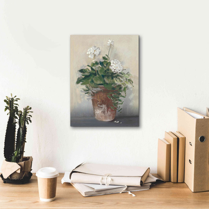 «Aarez Pot Of White Geraniums on Canvas» par Carol Rowan, reproduction, H 16 po x l 12 po x P 0,75 po