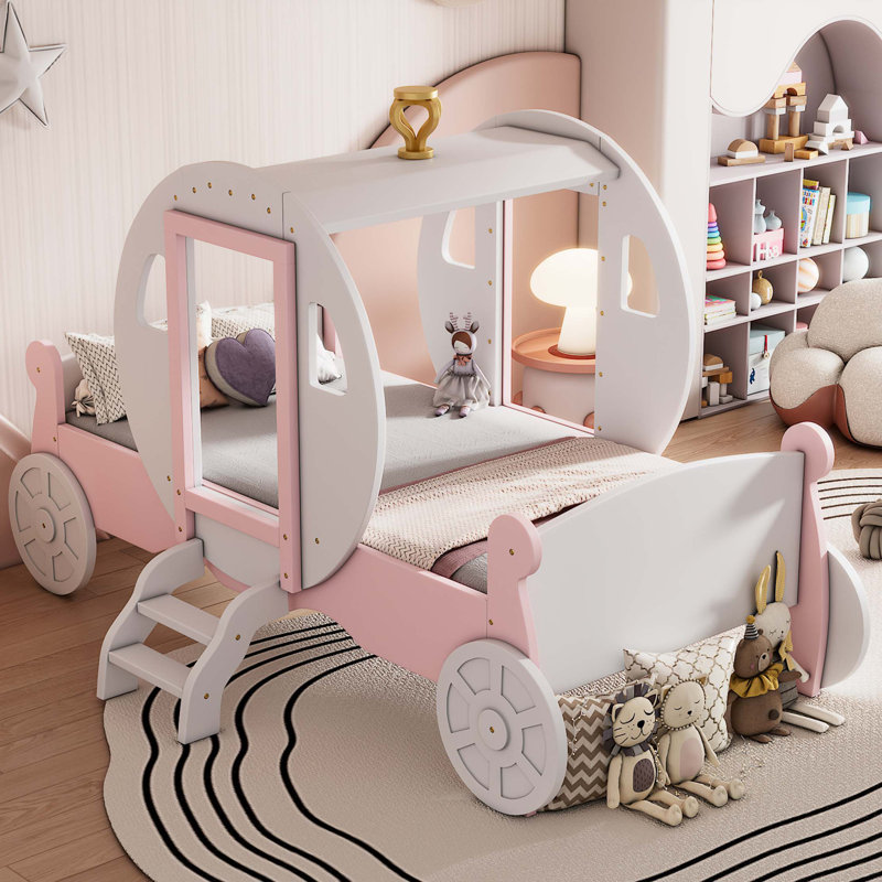 Lit de voiture avec couronne Princess, lit plateforme en bois avec escalier, Blanc et rose