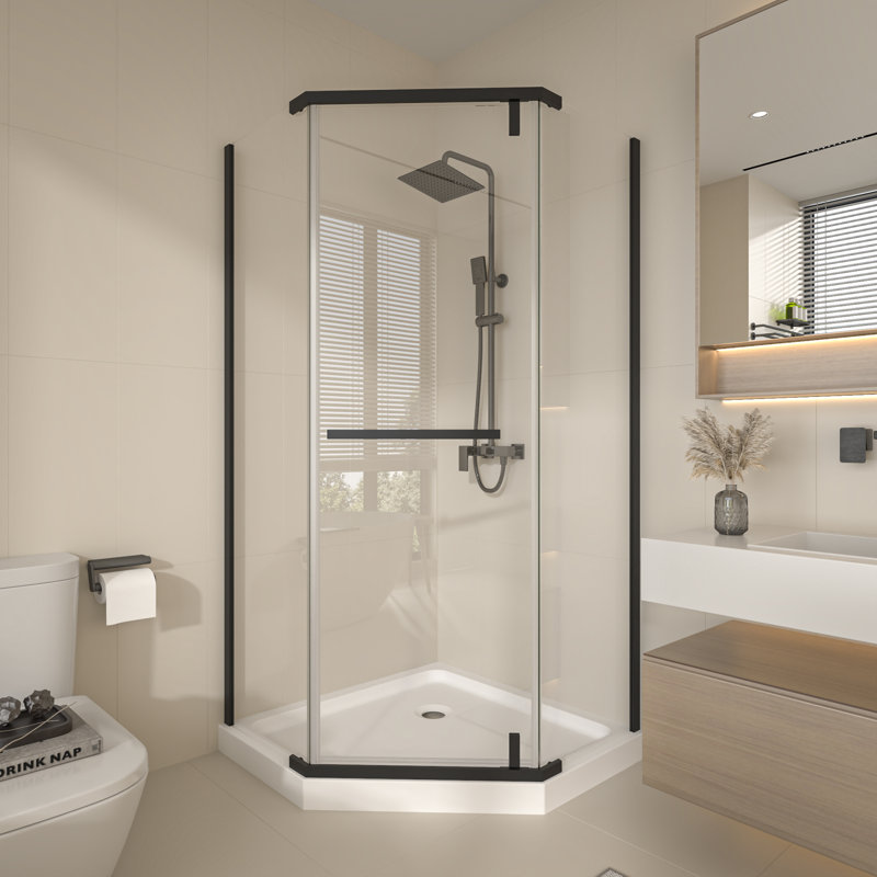 38'' W x 38'' D x 72'' H Semi-Frameless Neo-angle Reversible Shower Enclosure, Black