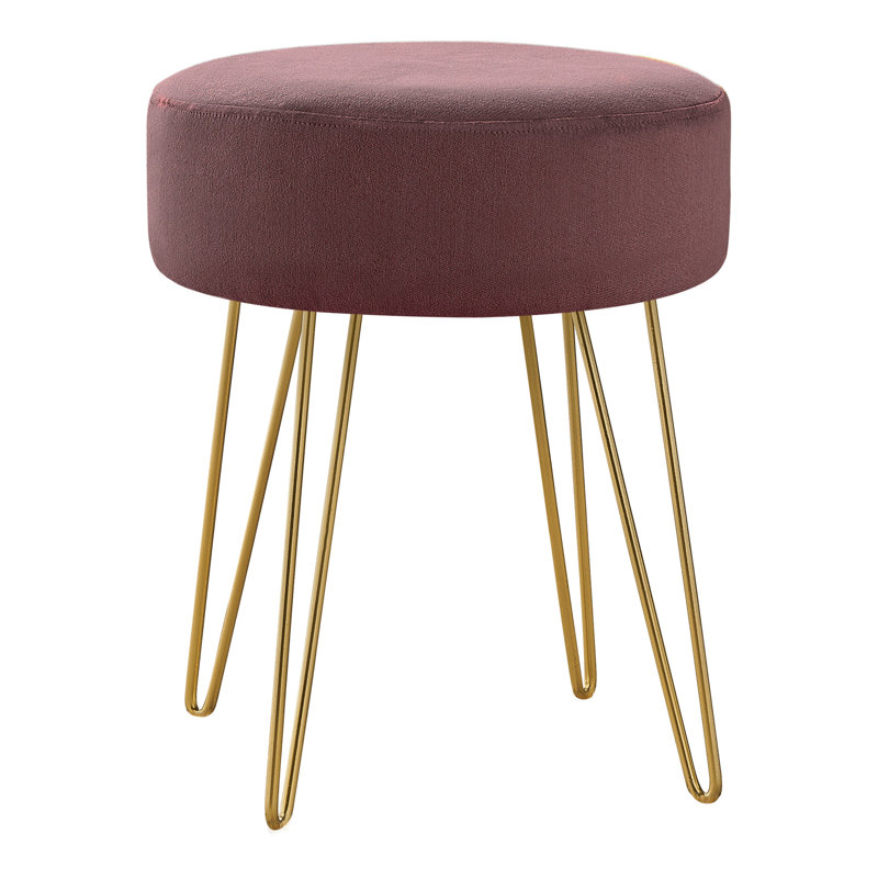 14" Velvet And Gold Round Ottoman, Purple
