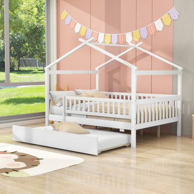 Full Size Wooden House Bed With Twin Trundle