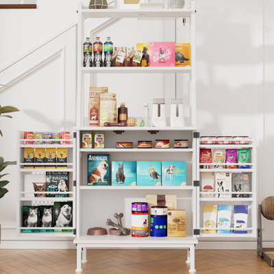 58" Tall Multifunctional Pet Storage Cabinet, White Pet Food Organizer with Open Shelves, Mesh Doors, & Side Shelving for Dog & Cat Supplies, Anti-Tilt Design